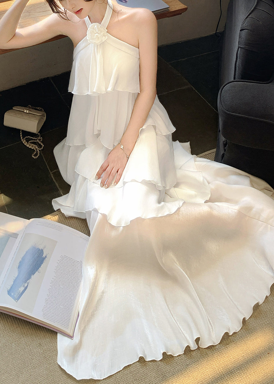 Italian White Ruffled Cold Shoulder Chiffon Halter Dress Summer - View 5