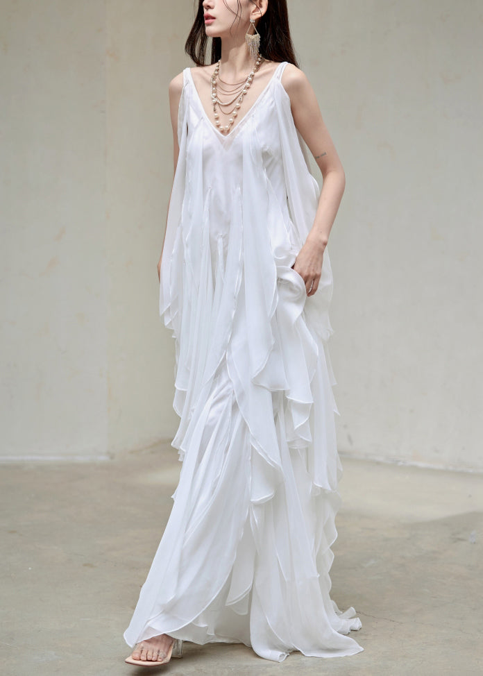 Chiffon Sleeveless V-Neck Tiered Cascading Handkerchief Maxi Gown - View 3
