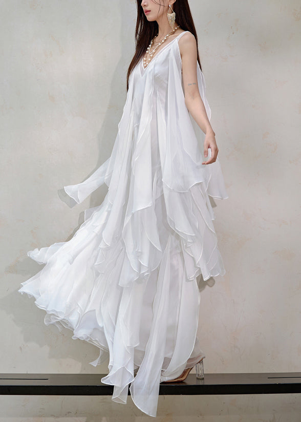 Chiffon Sleeveless V-Neck Tiered Cascading Handkerchief Maxi Gown - View 4