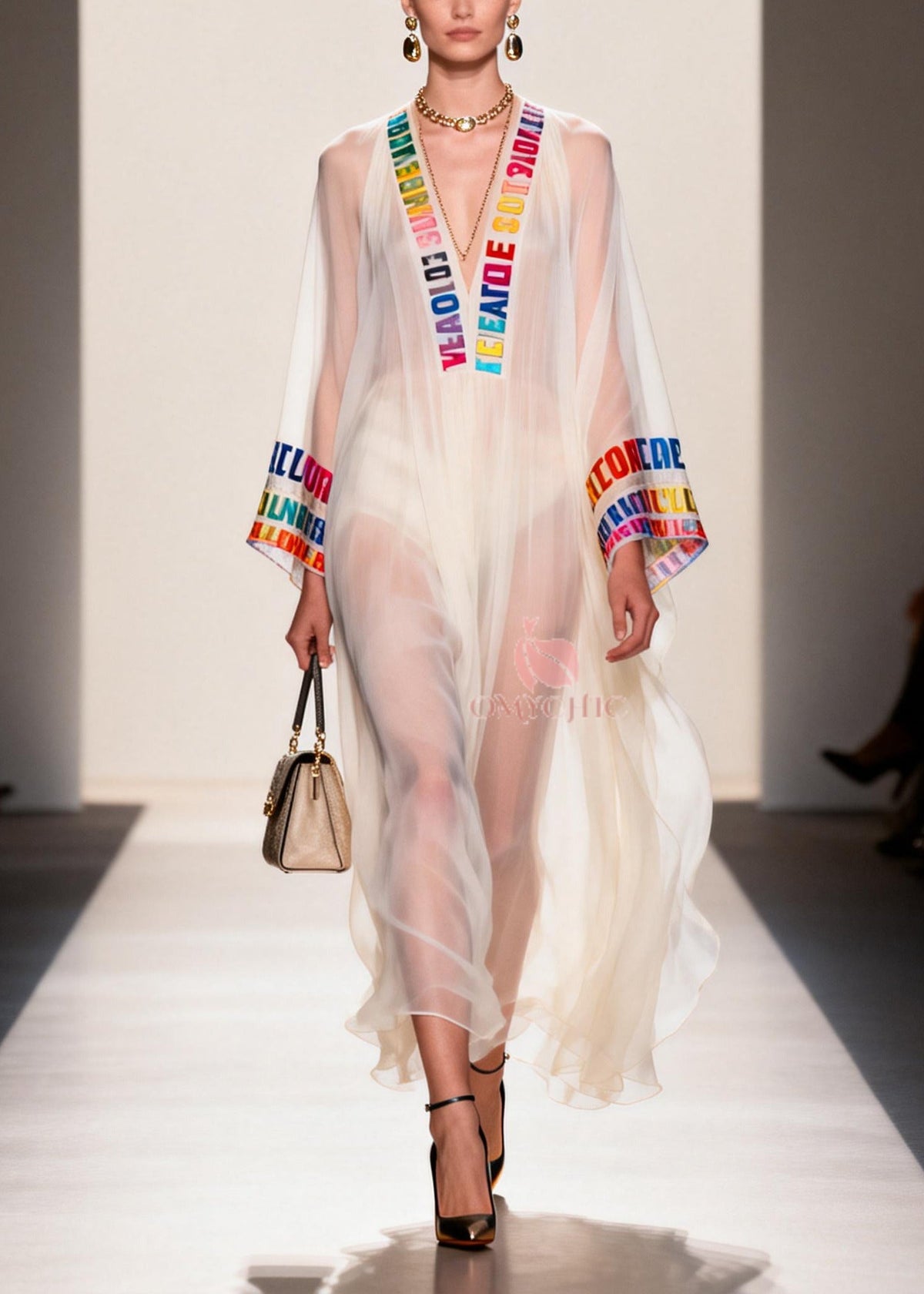 Chiffon Deep V-Neck Letter Print Embroidered Trim Maxi Gown