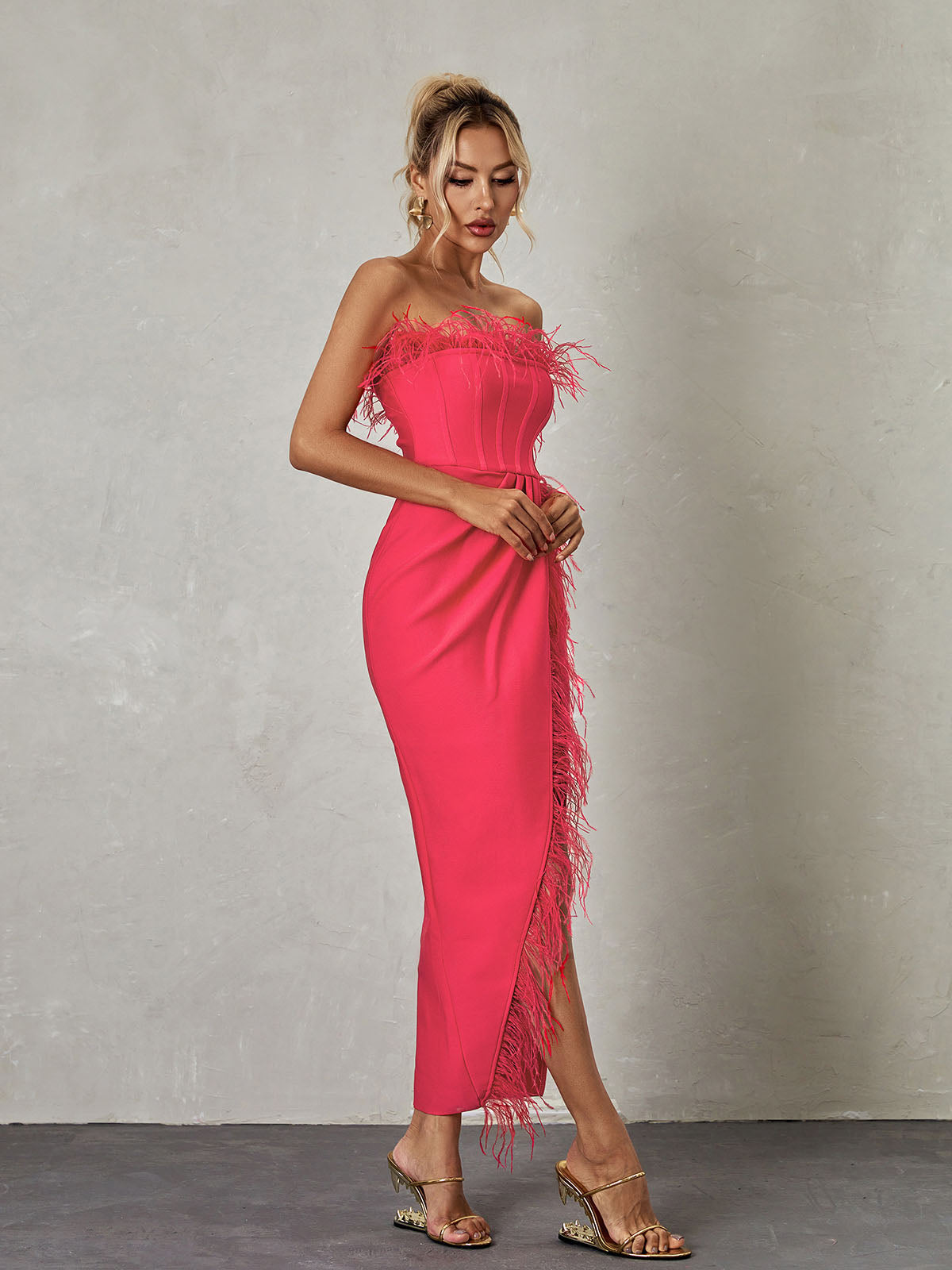 Feather Strapless Corset High Split Bandage Maxi Dress - View 5
