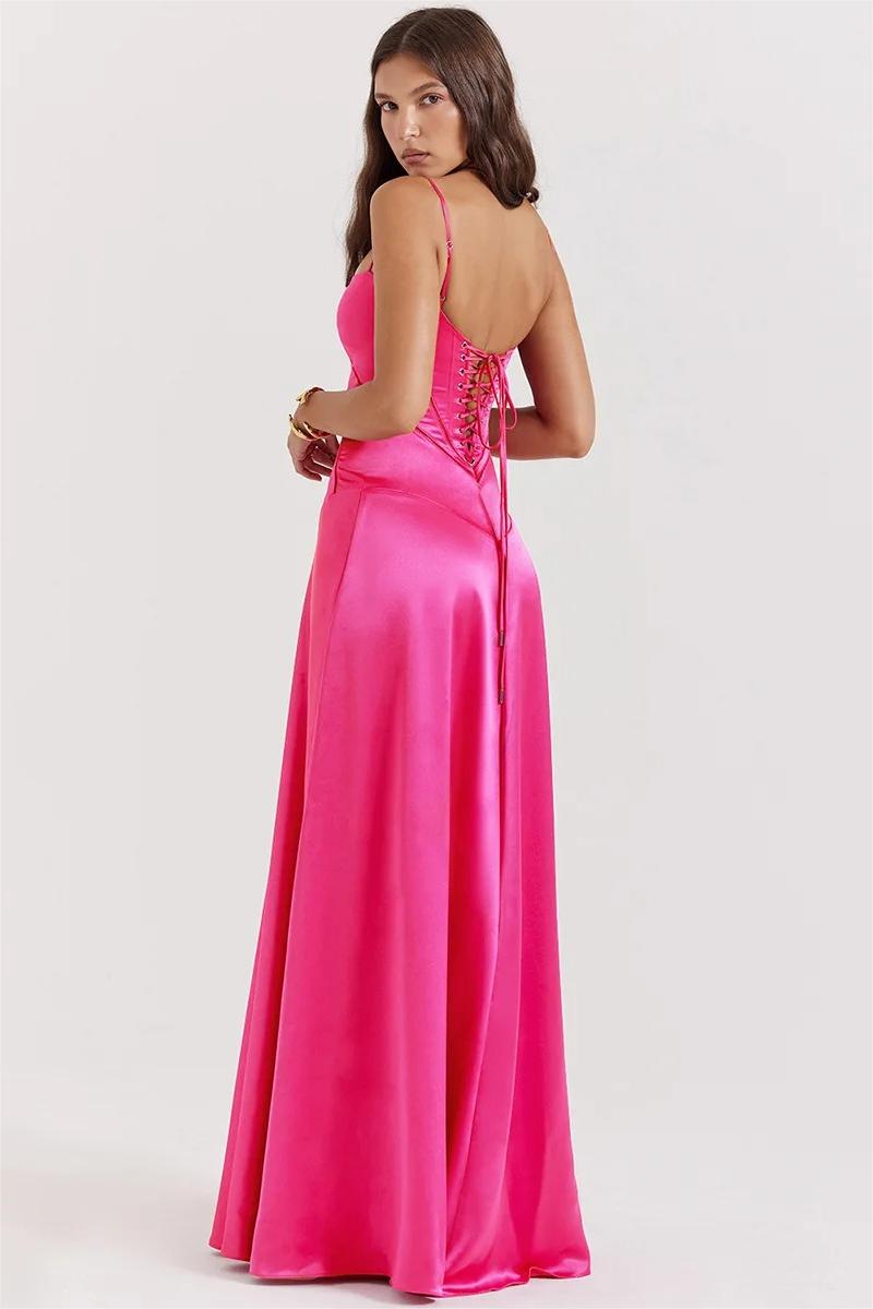Satin Solid Lace Up Maxi Dress Fuchsia - View 2