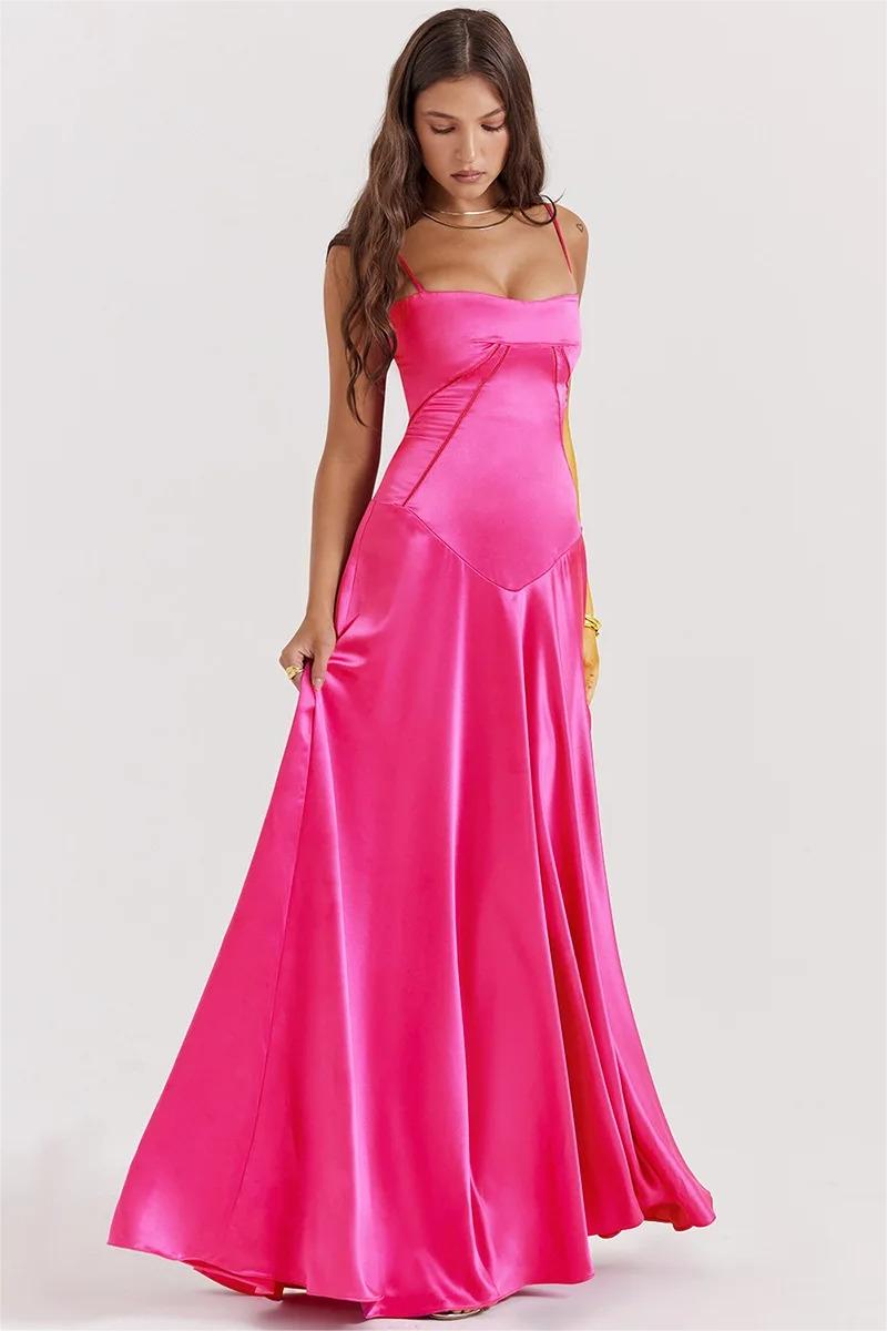 Satin Solid Lace Up Maxi Dress Fuchsia - View 4