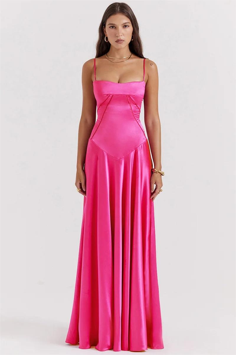 Satin Solid Lace Up Maxi Dress Fuchsia - View 5