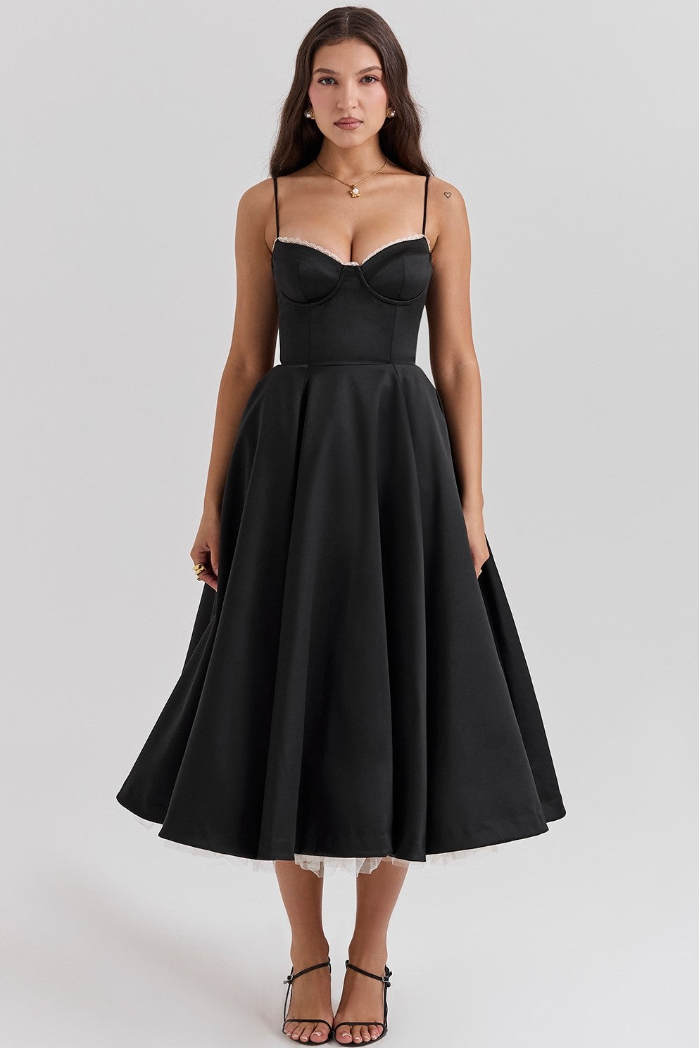 Lace Mesh Sweetheart Neck Midi Dress in black - View 2