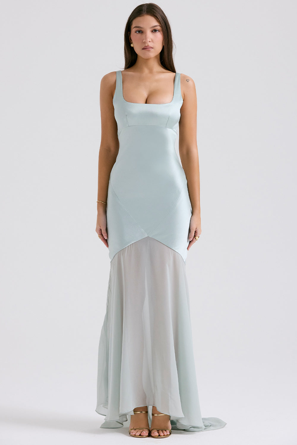 Solid Satin Mesh Sleeveless Maxi Dress - View 4