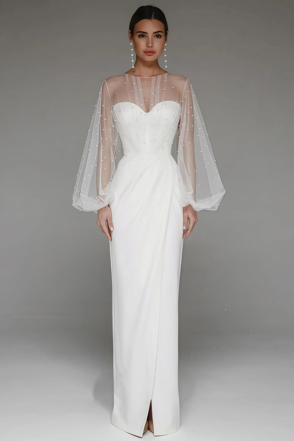 Mesh Pearl Embellished Lantern Sleeve Corset Bodice Maxi Gown