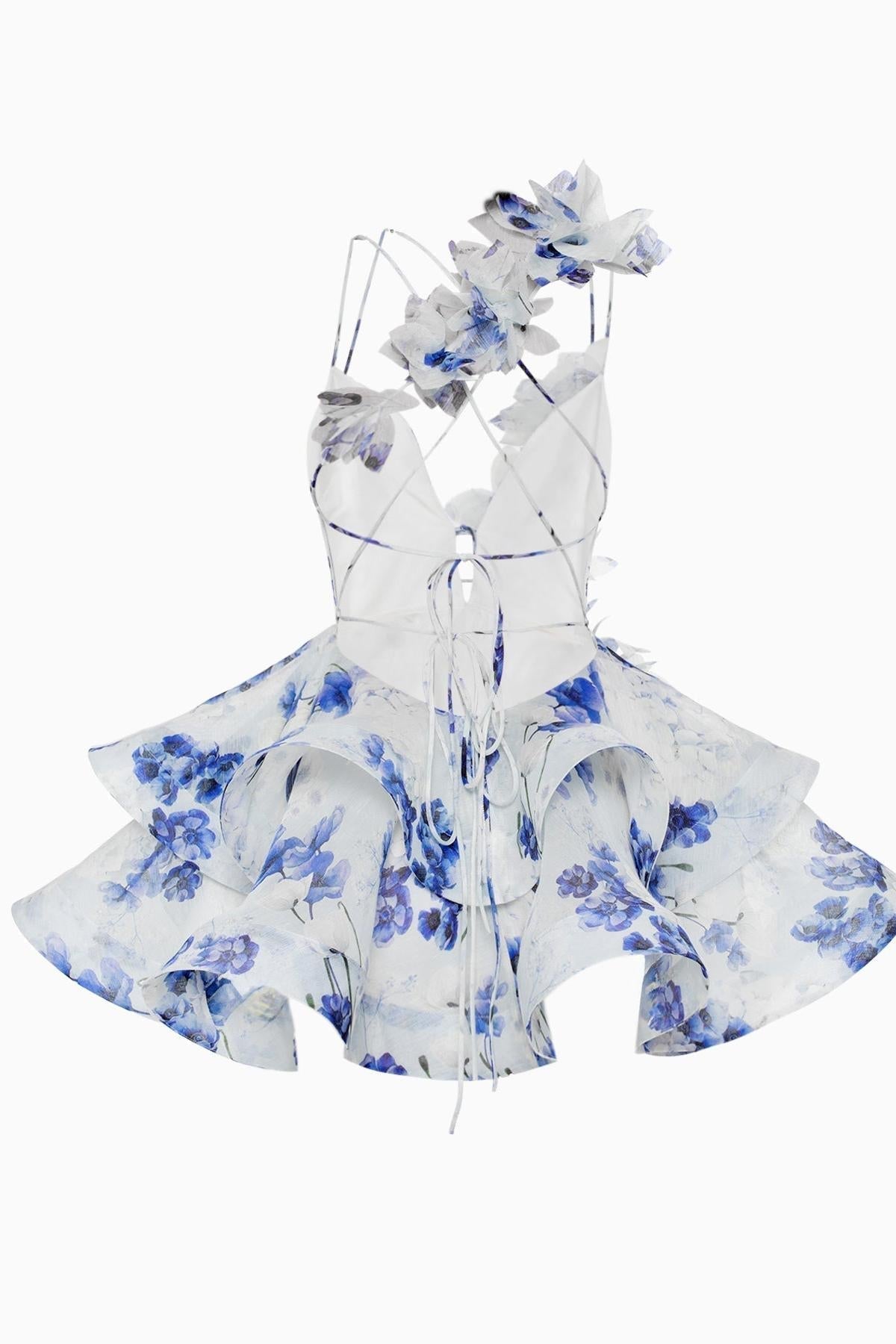 Floral Deep V-Neck 3D Flower Tiered Ruffle Mini Dress in Pink - View 8