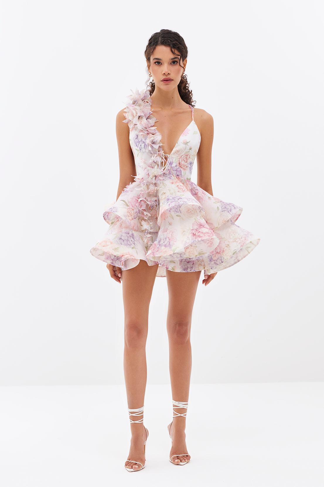 Floral Deep V-Neck 3D Flower Tiered Ruffle Mini Dress - View 3