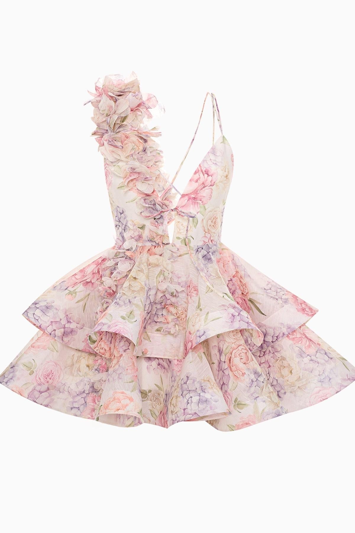 Floral Deep V-Neck 3D Flower Tiered Ruffle Mini Dress in Pink - View 4