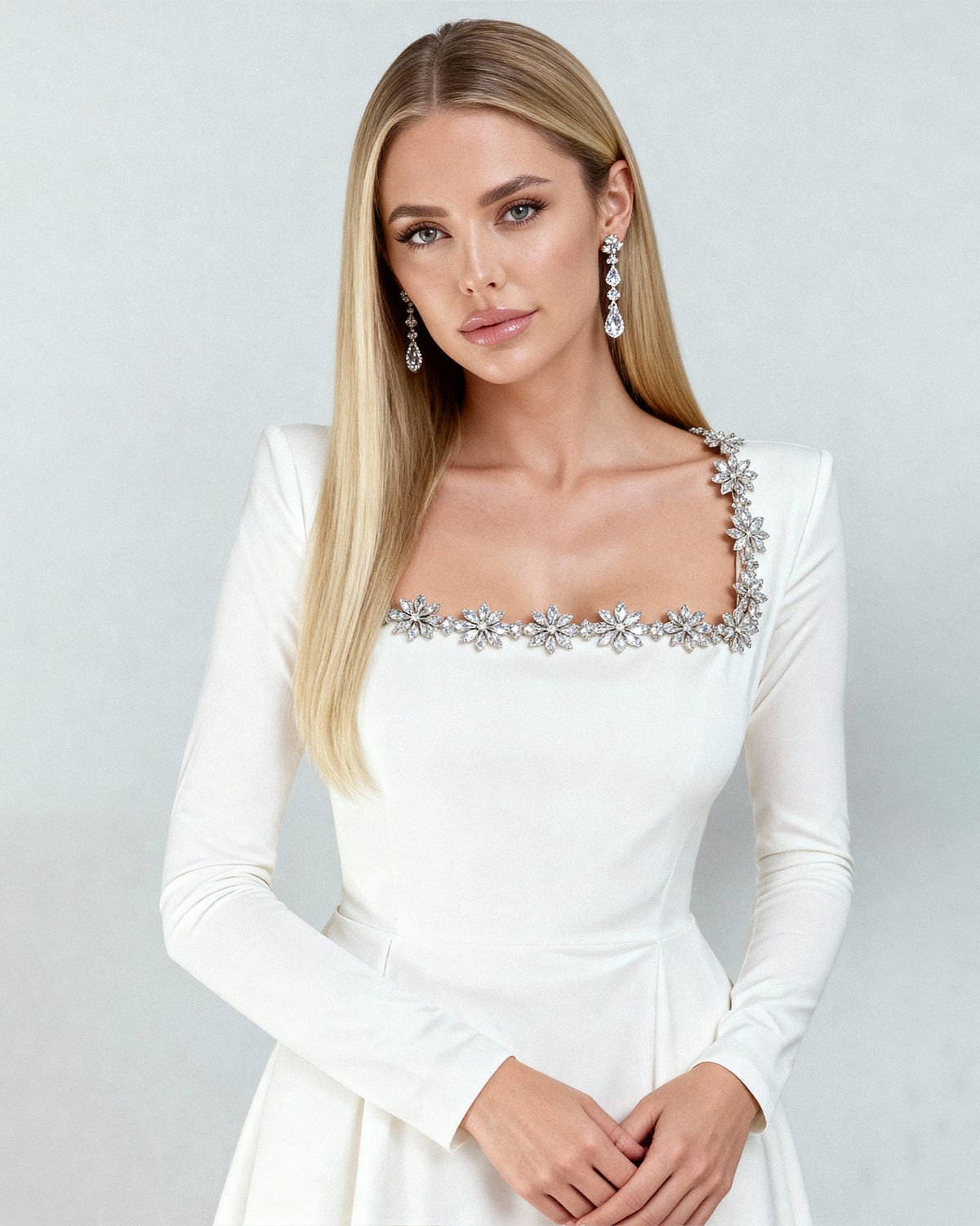 Velvet Square Neck Crystal Floral Trim Long Sleeve A-Line Mini Dress - View 8