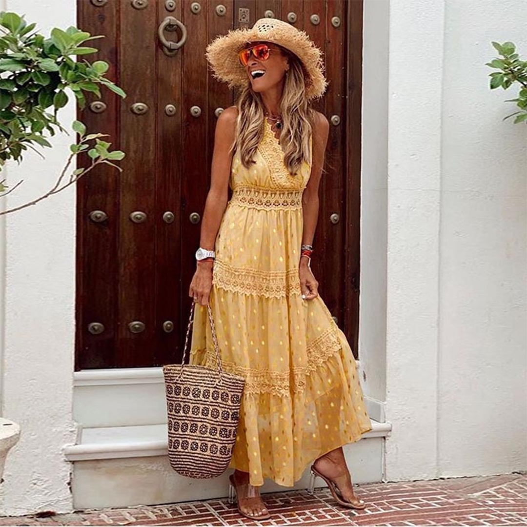 Halter V-Neck Lace Trim Tiered Boho Maxi Summer Dress - View 5