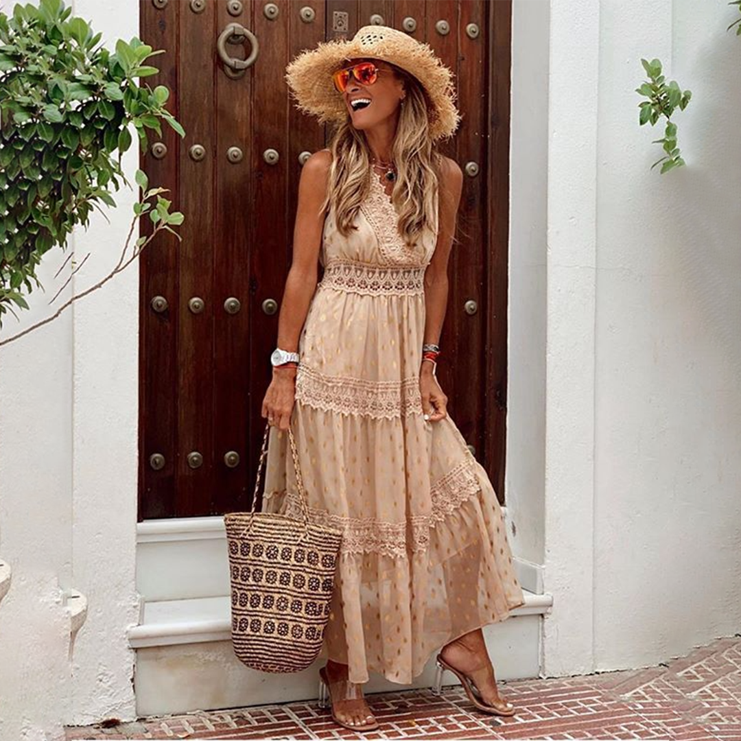 Halter V-Neck Lace Trim Tiered Boho Maxi Summer Dress
