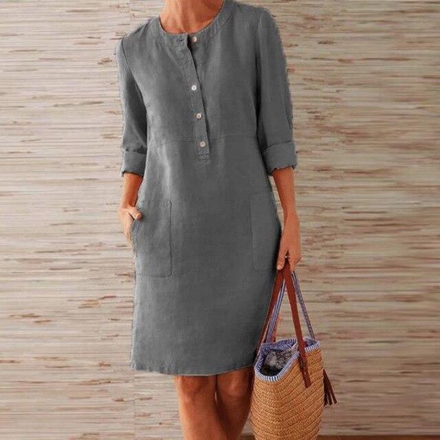 Round Neck Button Placket Patch Pocket Rolled Cuff Shift Dress - View 4
