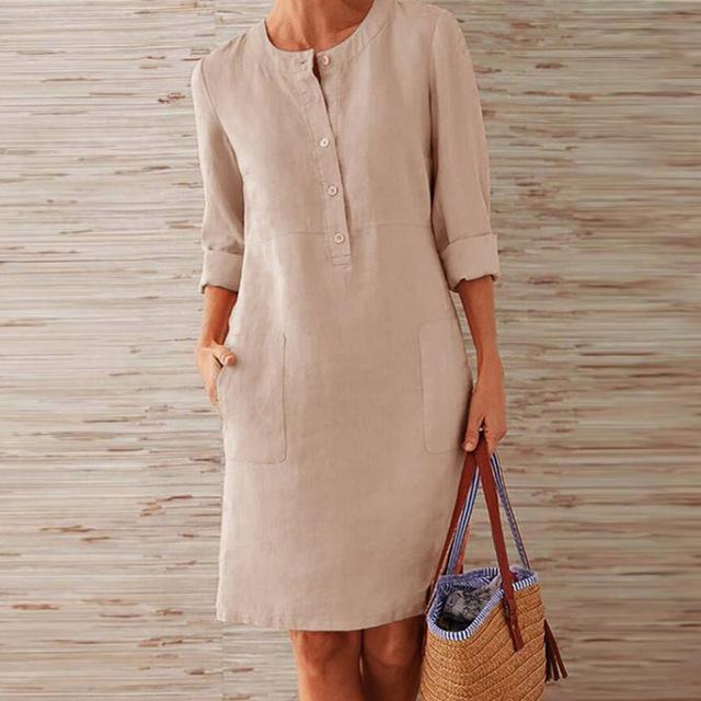 Round Neck Button Placket Patch Pocket Rolled Cuff Shift Dress - View 2