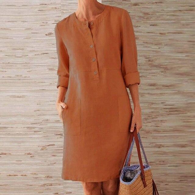 Round Neck Button Placket Patch Pocket Rolled Cuff Shift Dress - View 6