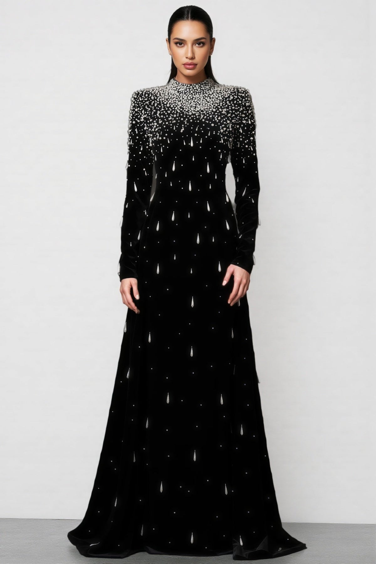 Velvet Mock Neck Long Sleeve Pearl Beaded Column Maxi Gown