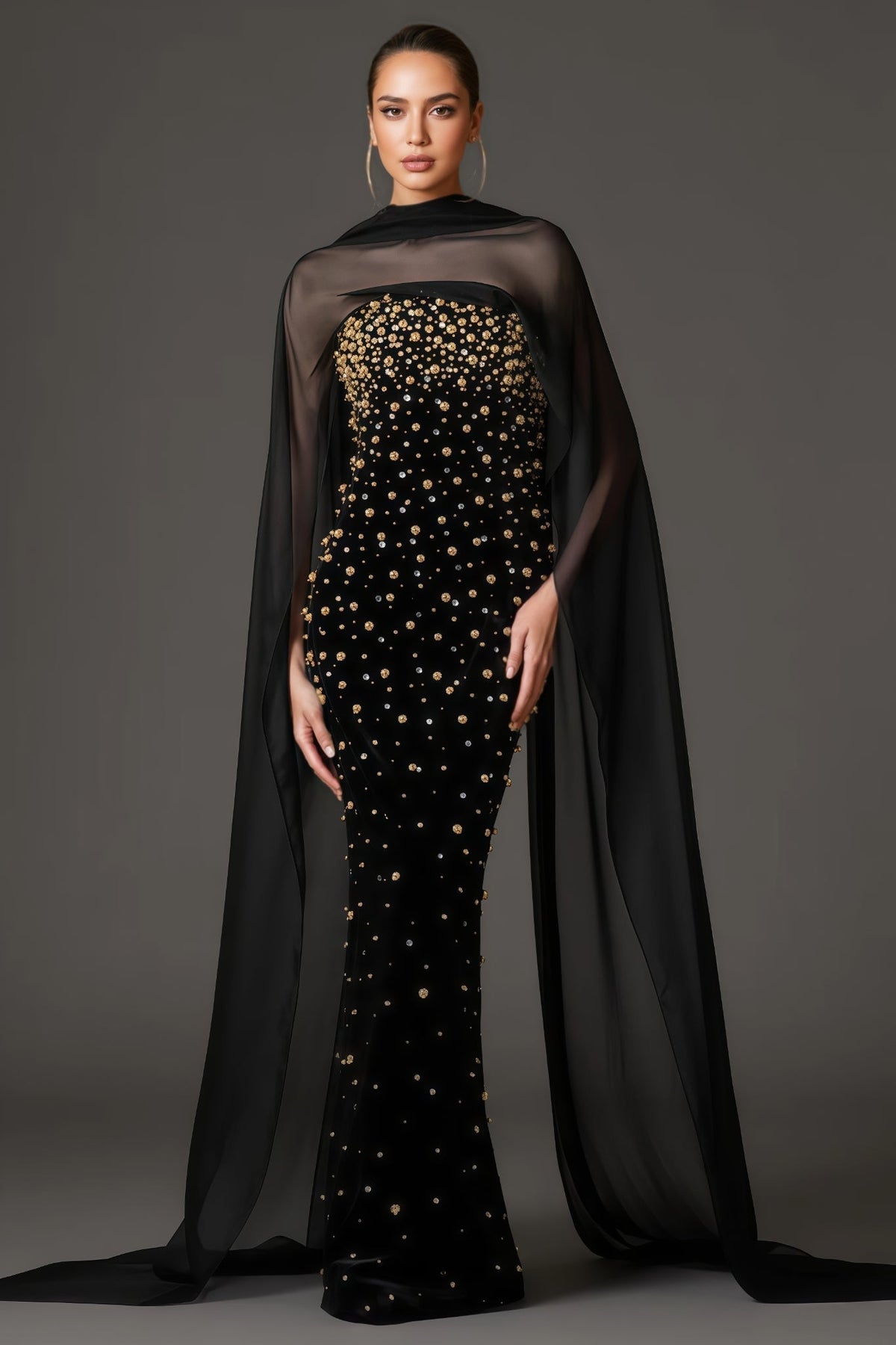 Beaded Strapless Column Sheer Cape Wrap Maxi Gown