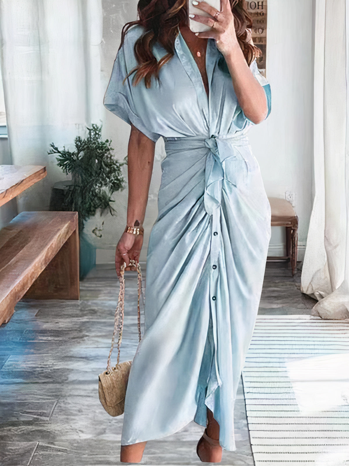 Satin Collared Short Sleeve Tie Waist Button Front Maxi Shirt Dress - View 4