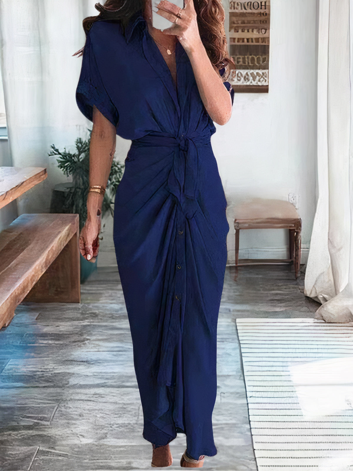 Satin Collared Short Sleeve Tie Waist Button Front Maxi Shirt Dress - View 11