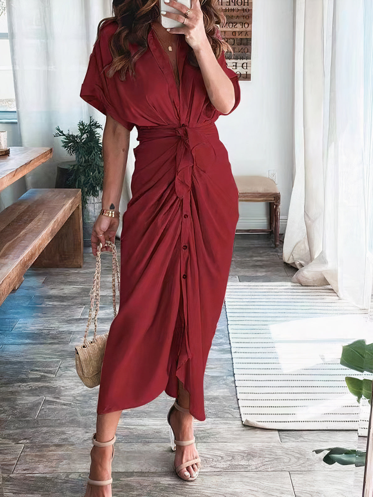 Satin Collared Short Sleeve Tie Waist Button Front Maxi Shirt Dress - View 8