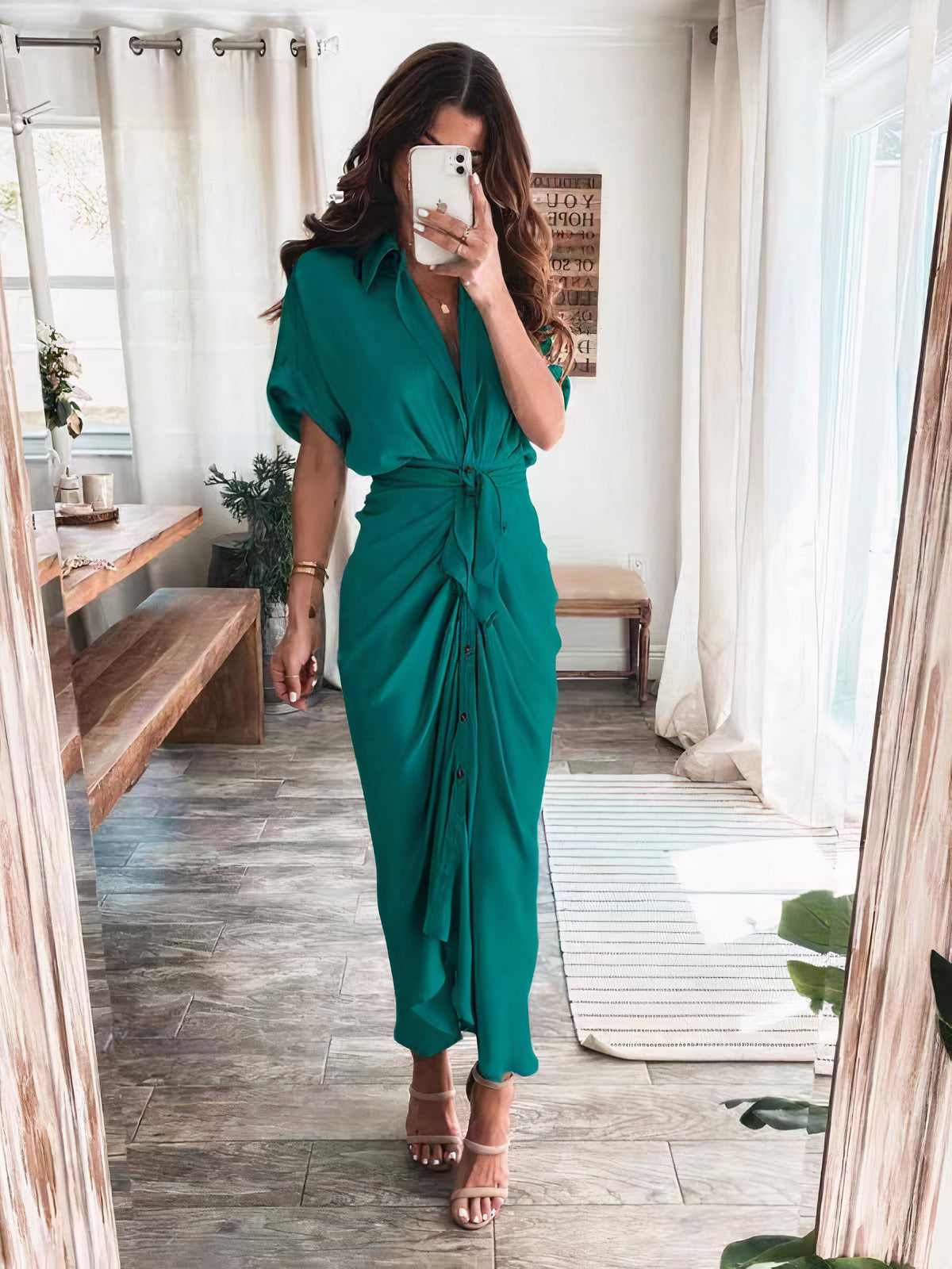 Satin Collared Short Sleeve Tie Waist Button Front Maxi Shirt Dress - View 10