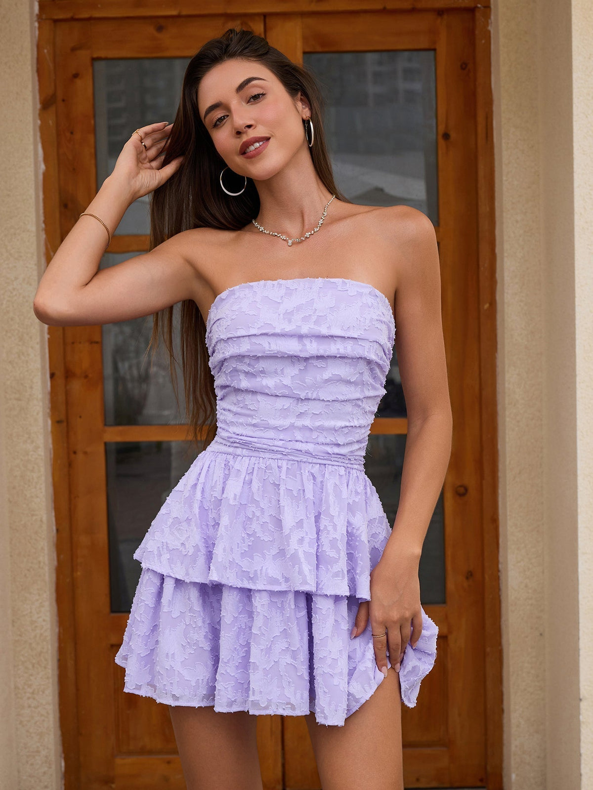 Jacquard Strapless Ruched Bodice Tiered Ruffle Hem Mini Dress - View 3