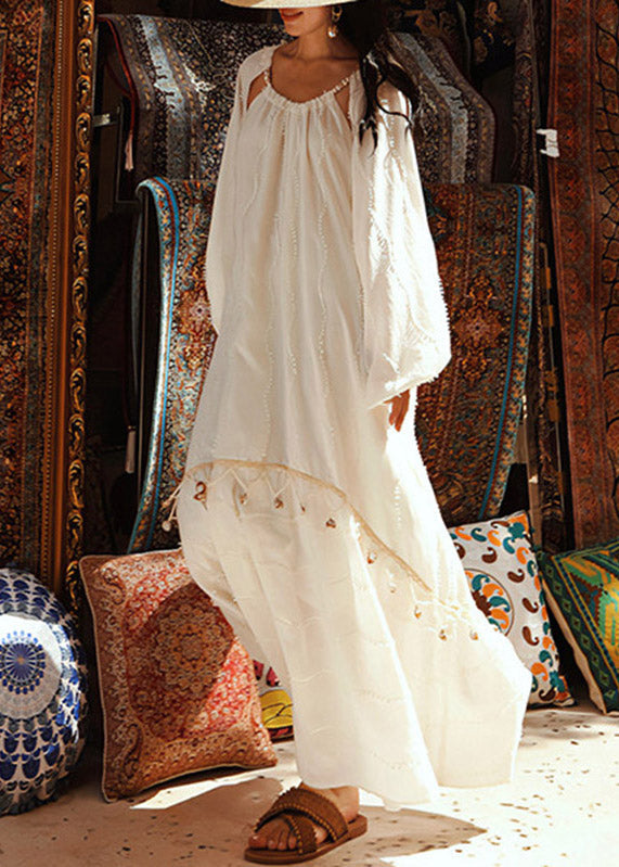 Woven Jacquard Round Neck Cold Shoulder Puff Sleeve Maxi Dress