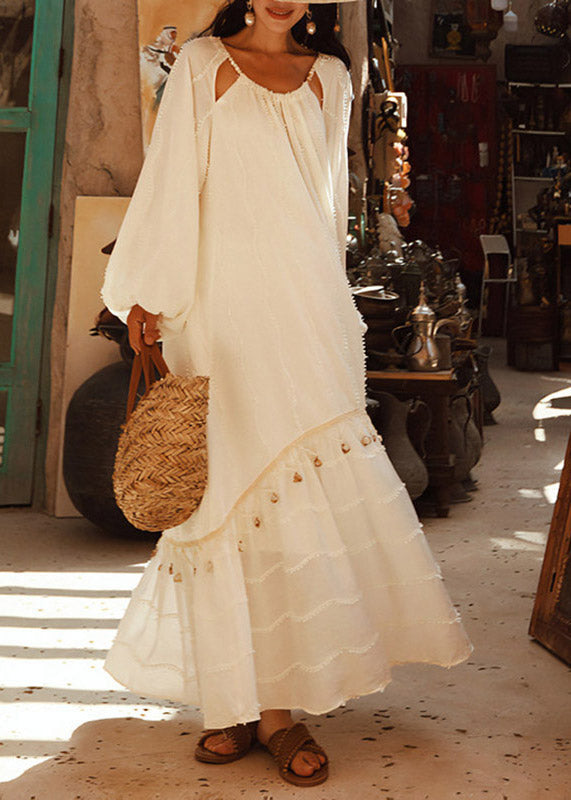 Woven Jacquard Round Neck Cold Shoulder Puff Sleeve Maxi Dress - View 2