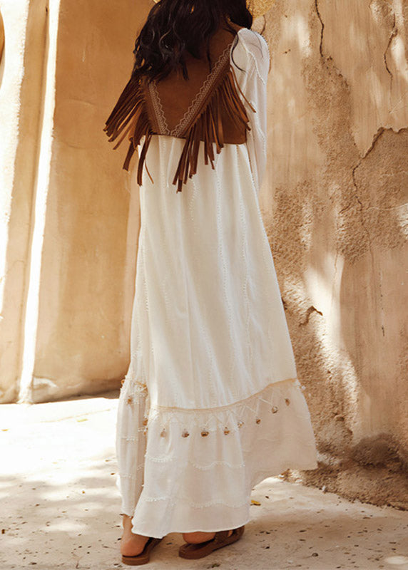 Woven Jacquard Round Neck Cold Shoulder Puff Sleeve Maxi Dress - View 5
