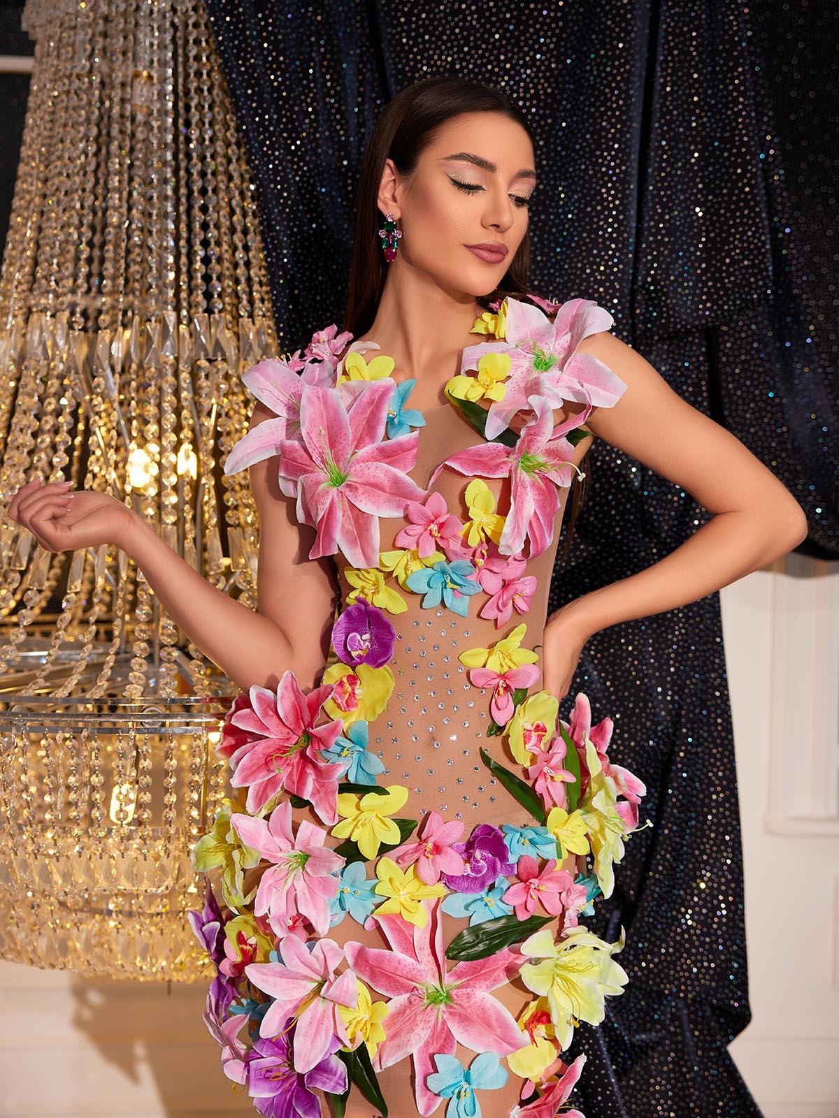 Floral Applique Rhinestone Mesh Deep V-Neck Bodycon Mini Dress - View 3