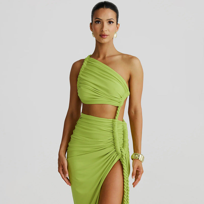 One Shoulder Ruched Cut Out High Split Maxi Dress 11