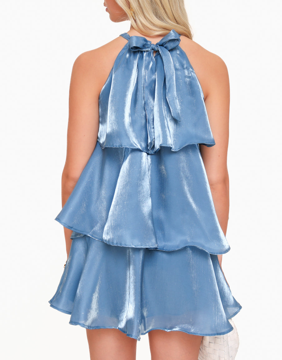 Emilia Statement Jeans Blue Satin Ruffle Dress - View 3