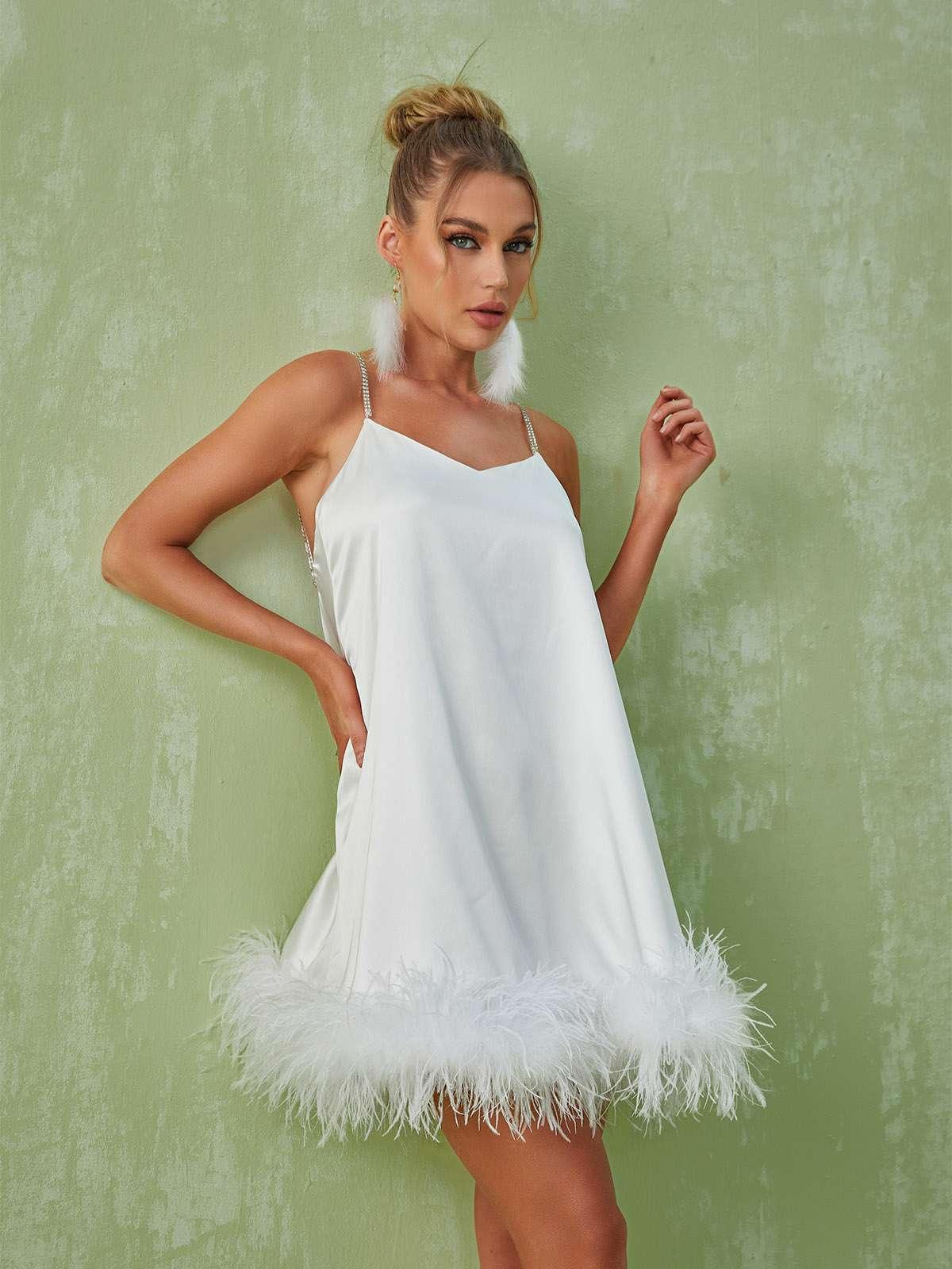 Kamaria Spaghetti Feather Mini Dress In White - View 2
