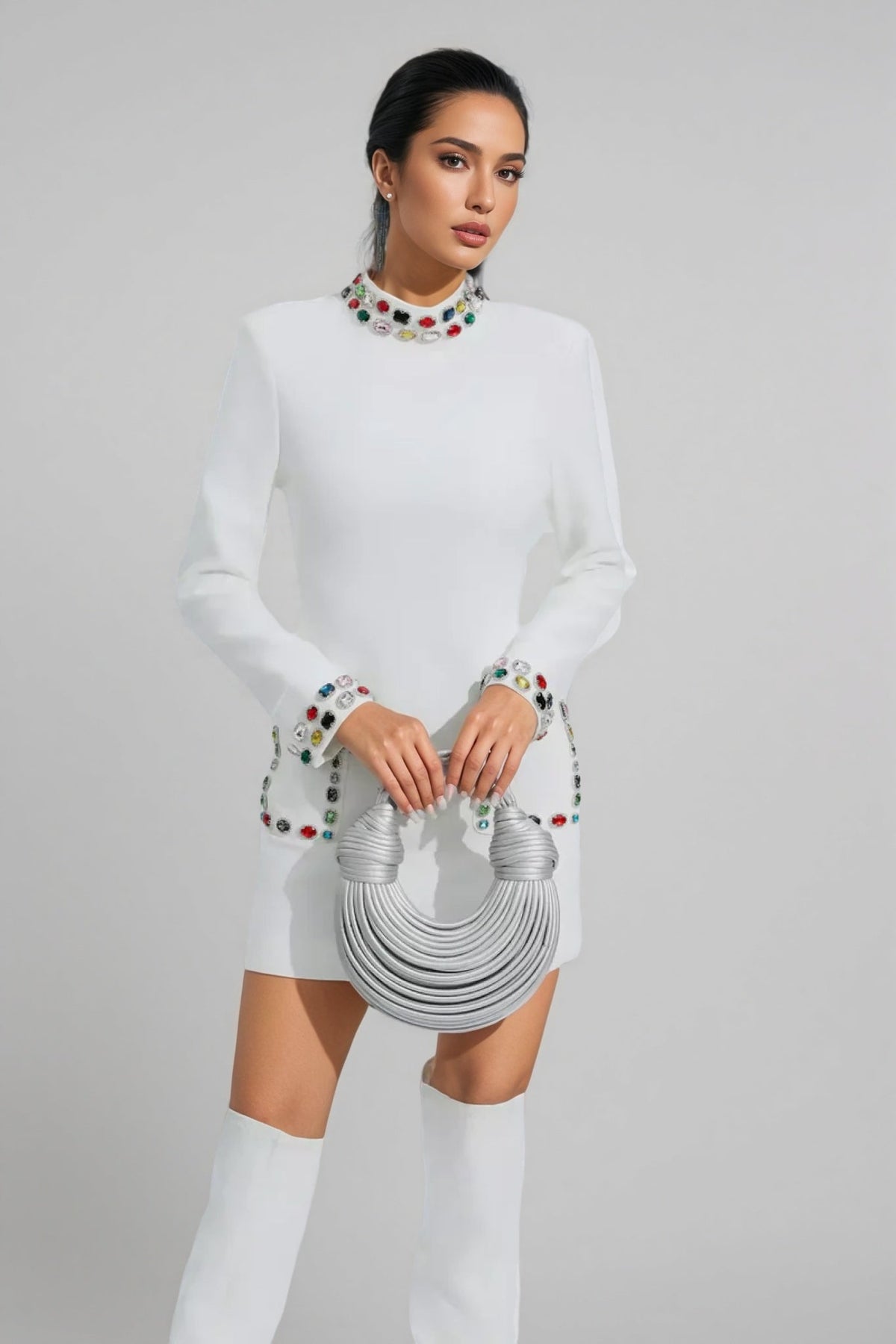 Gemstone Embellished Mock Neck Long Sleeve Patch Pocket Mini Dress - View 3