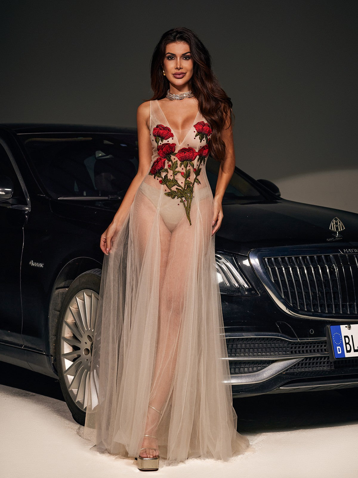Mesh Deep V-Neck Floral Embroidery Tulle Layered Maxi Gown - View 4