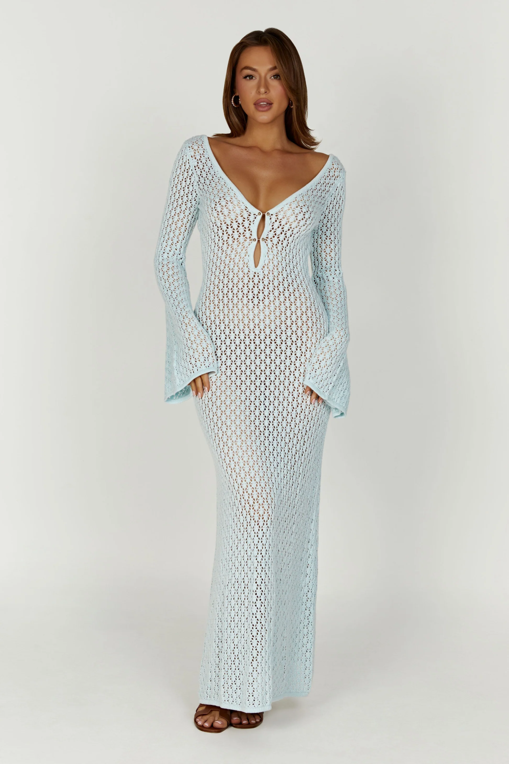 Crochet Knit Deep V-Neck Bell Sleeve Keyhole Maxi Dress - View 5