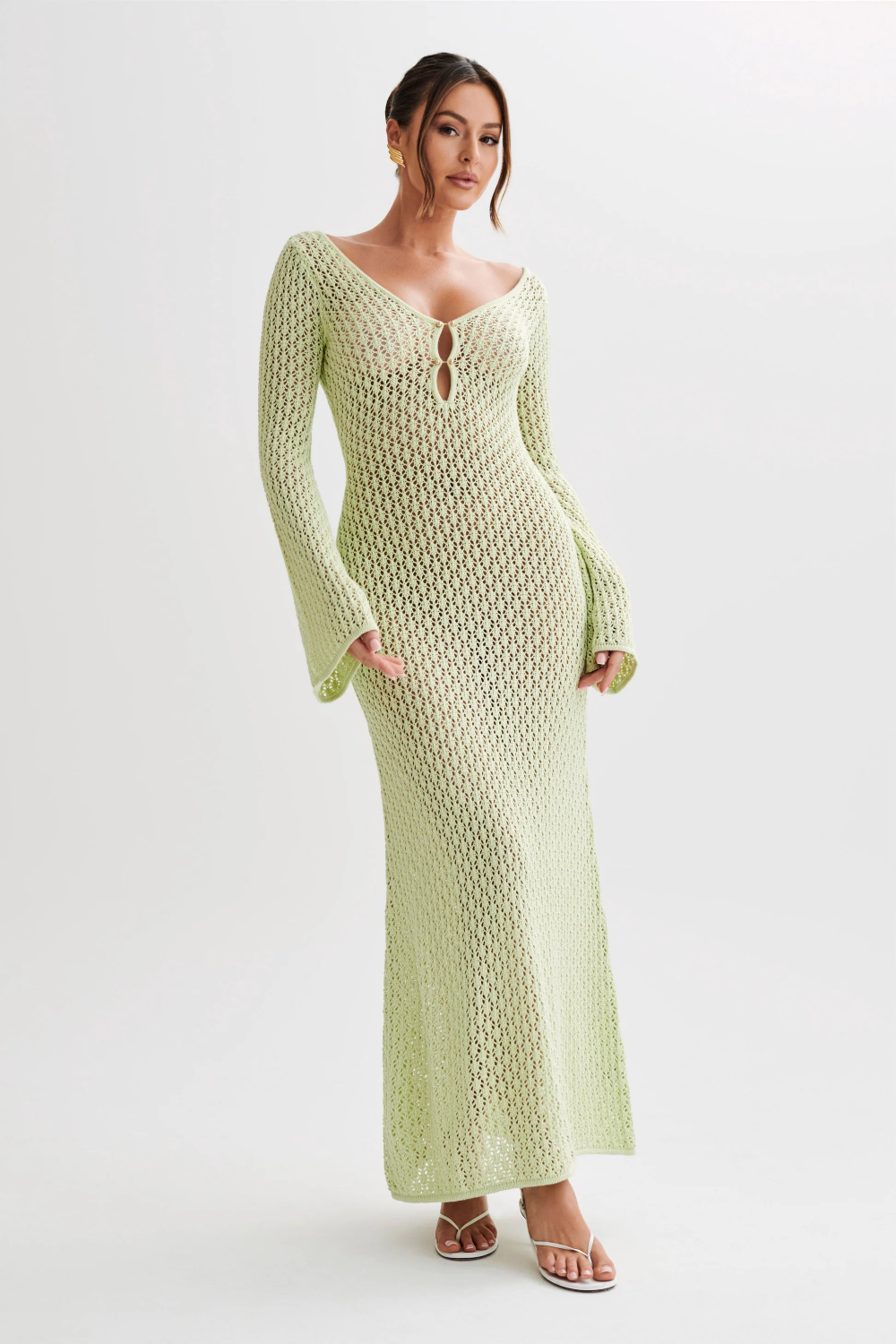 Geometric Crochet Deep V-Neck Keyhole Bell Sleeve Bodycon Maxi Dress - View 12