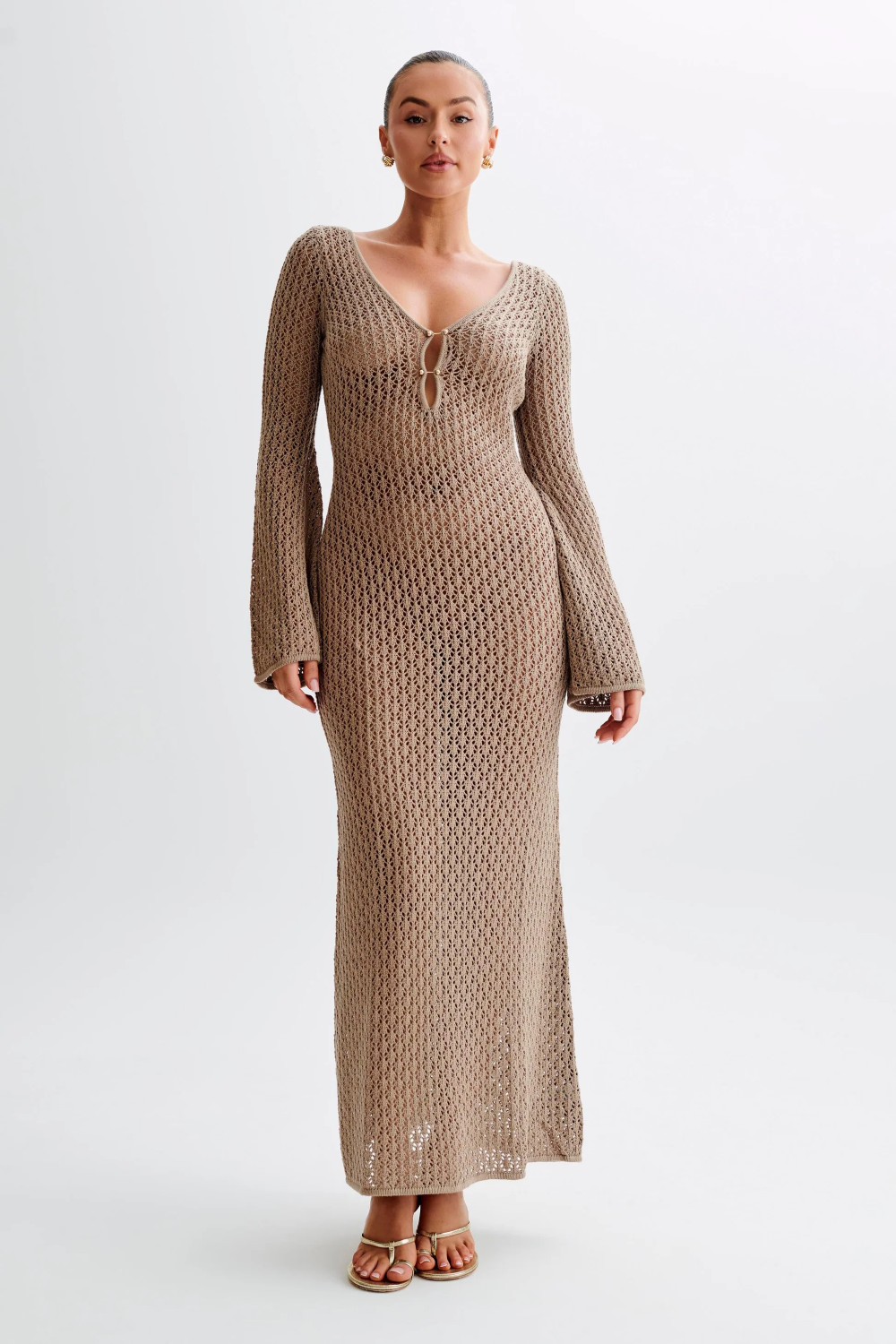 Geometric Crochet Deep V-Neck Keyhole Bell Sleeve Bodycon Maxi Dress - View 11