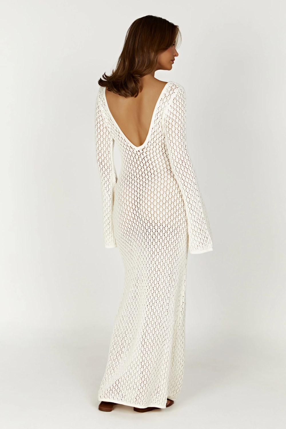 Geometric Crochet Deep V-Neck Keyhole Bell Sleeve Bodycon Maxi Dress - View 3
