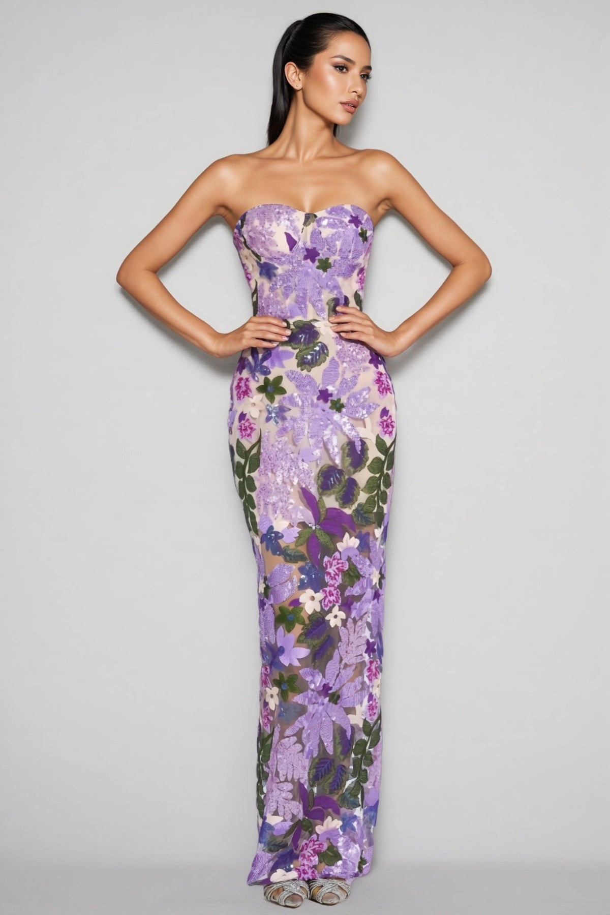 Floral Sequin Strapless Sweetheart Sheer Mermaid Maxi Gown - View 2
