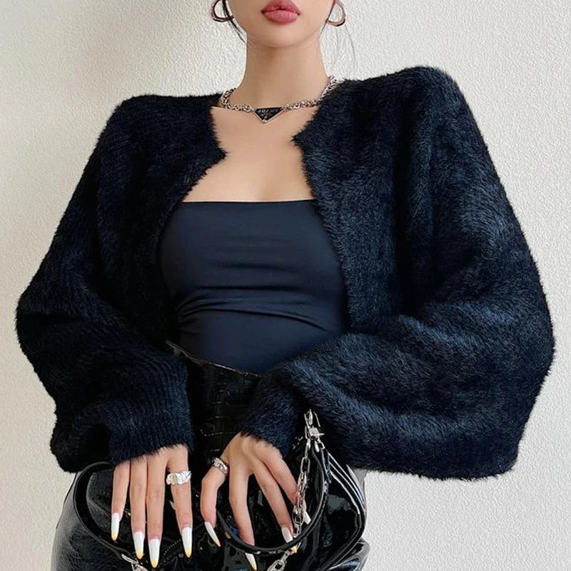 Open Front Cropped Long Sleeve Cardigan Black / One Size