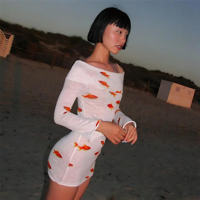 Koi Fish Printed Mesh Mini Dress - View 2