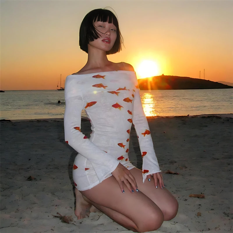 Koi Fish Printed Mesh Mini Dress - View 4