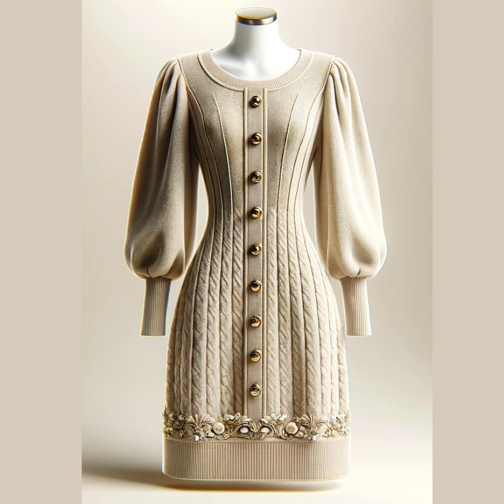 Cable Knit Crew Neck Puff Sleeve Button Front Floral Midi Dress