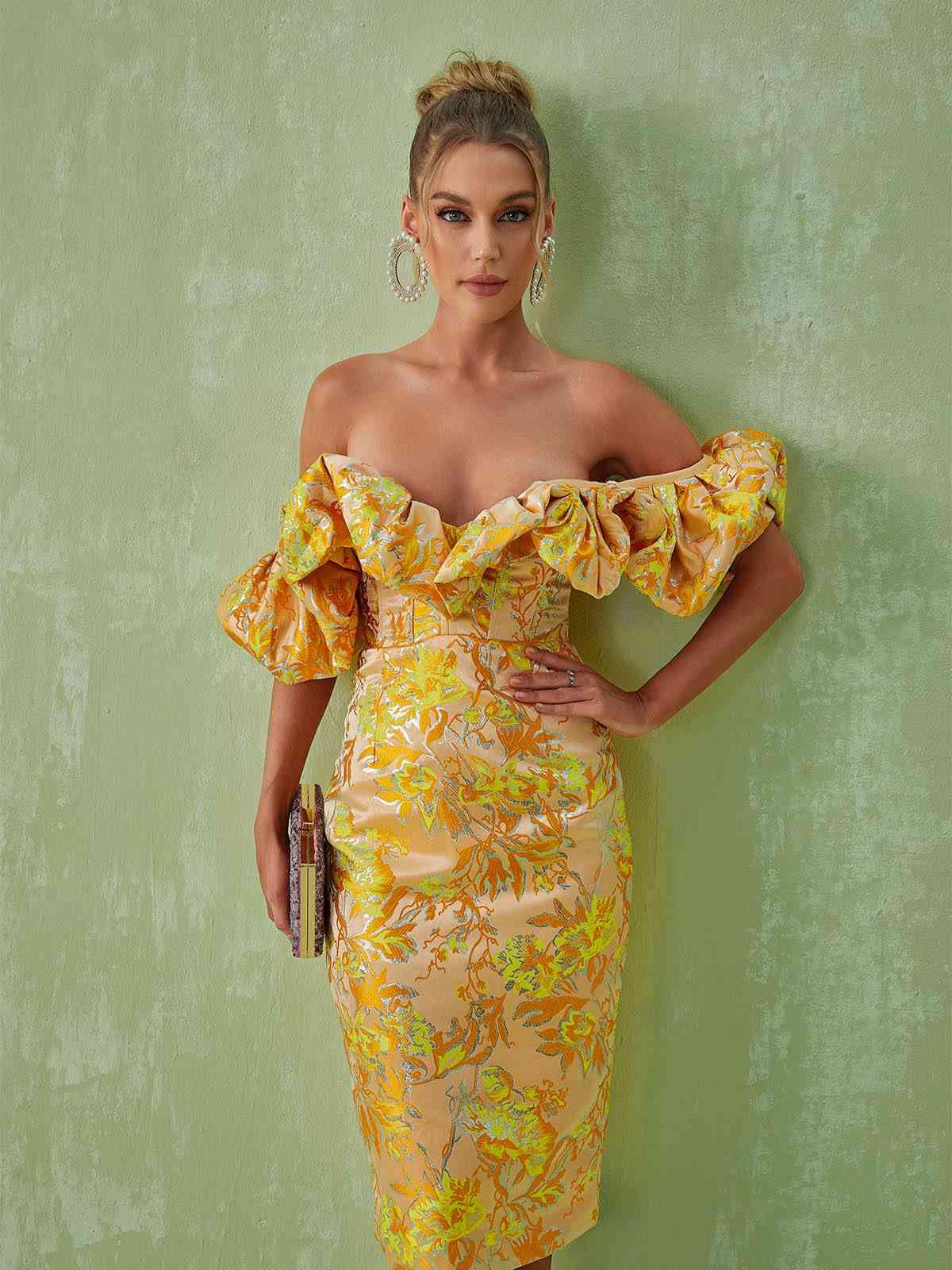 Floral Jacquard Off Shoulder Puff Sleeve Corset Bodycon Midi Dress