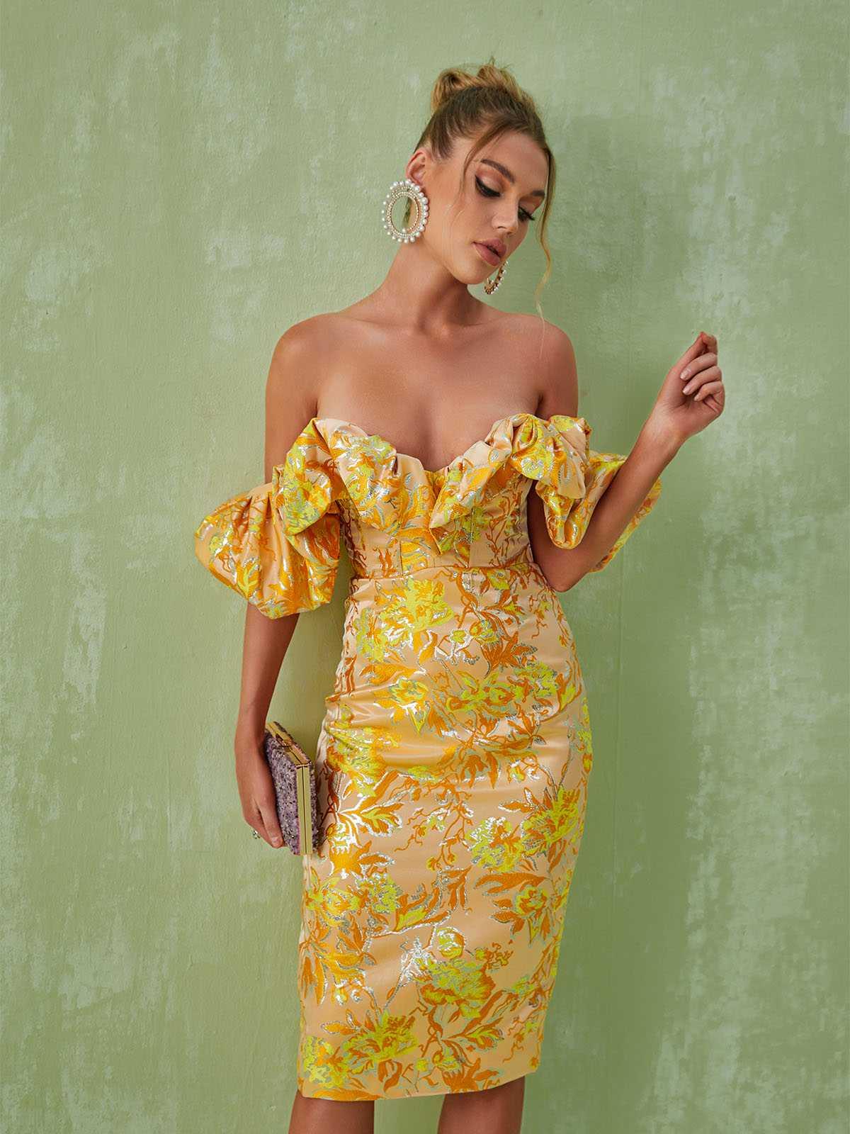 Floral Jacquard Off Shoulder Puff Sleeve Corset Bodycon Midi Dress - View 4