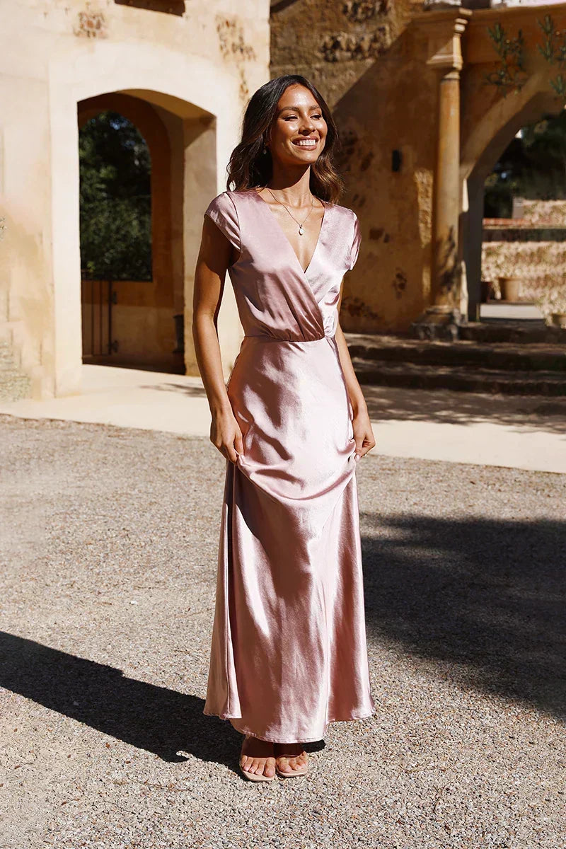 Satin Wrap Deep V-Neck Flutter Sleeve A-Line Maxi Gown - View 4