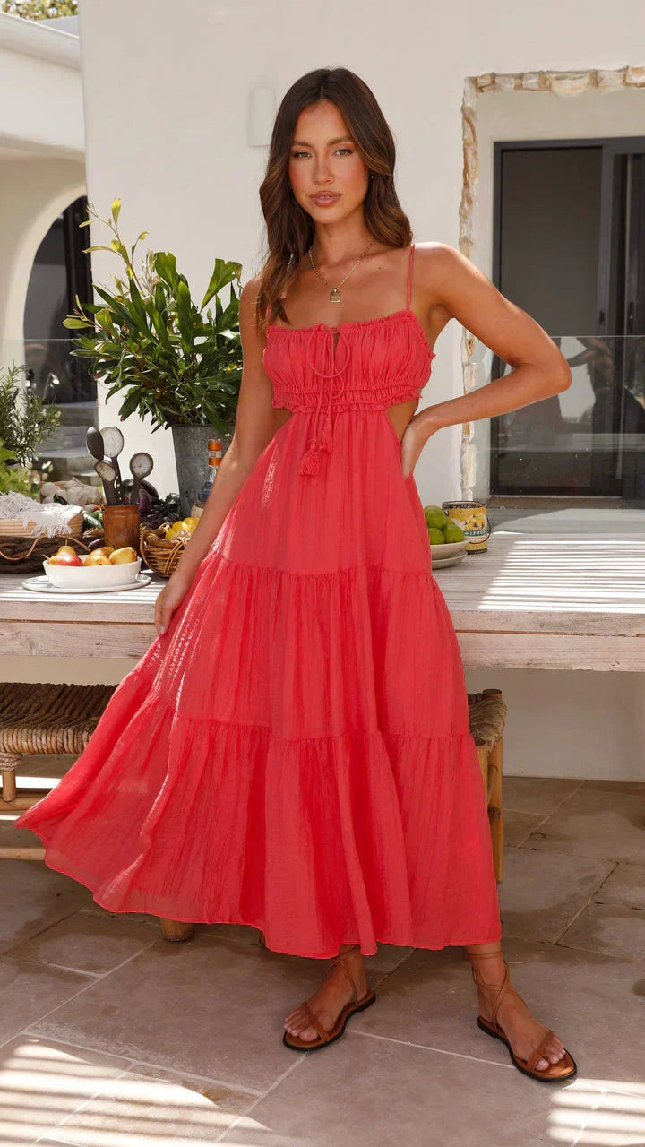 Spaghetti Strap Smocked Keyhole Tie Tassel Waist Maxi Dress - View 4