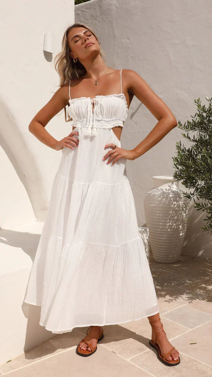 Spaghetti Strap Smocked Keyhole Tie Tassel Waist Maxi Dress - View 11